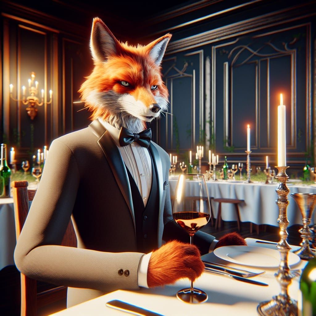 Elegant Fox in Tuxedo at Sophisticated Dinner Party