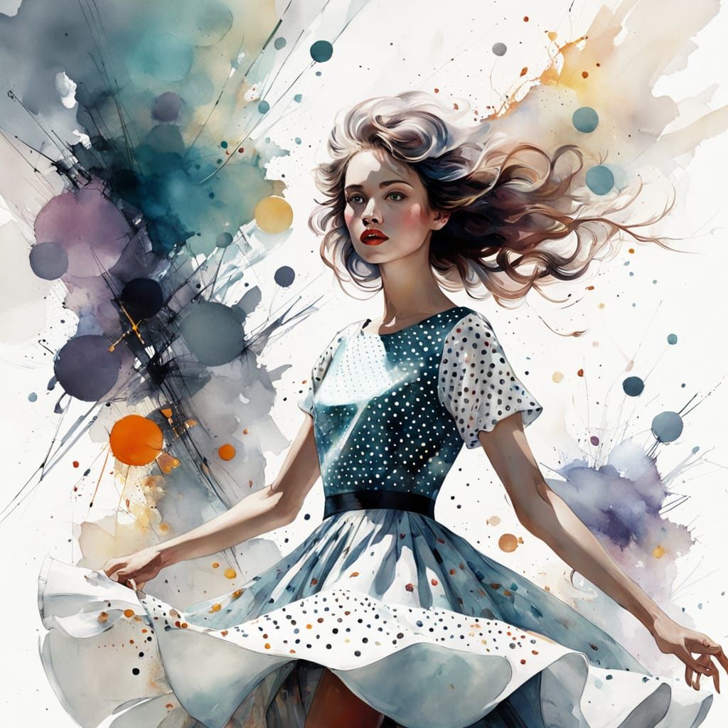 Surreal Woman in Polka Dot Dress, Watercolour Art