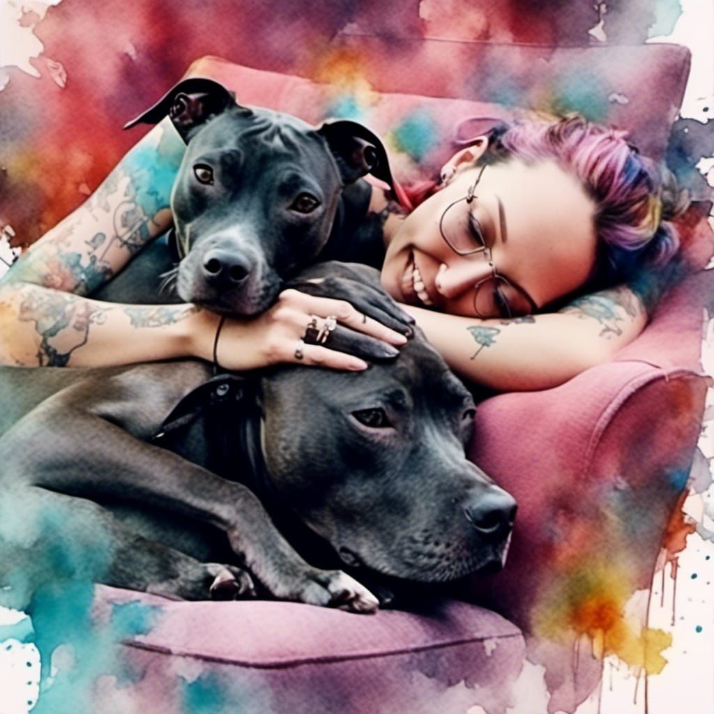 Affectionate Pitbull Cuddles Woman: Alcohol Ink Portrait