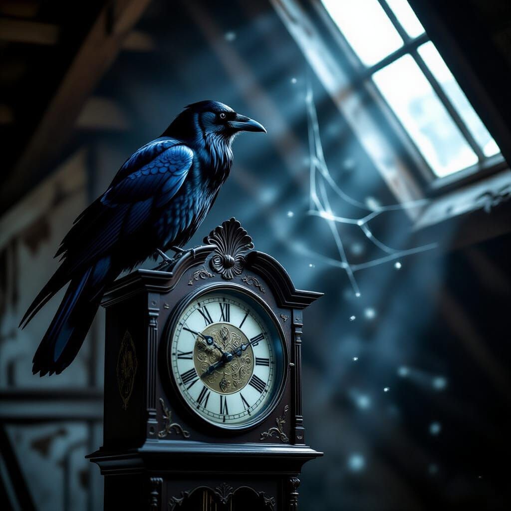 Majestic Crow on Grandfather Clock in Moonlit Victorian Atti...