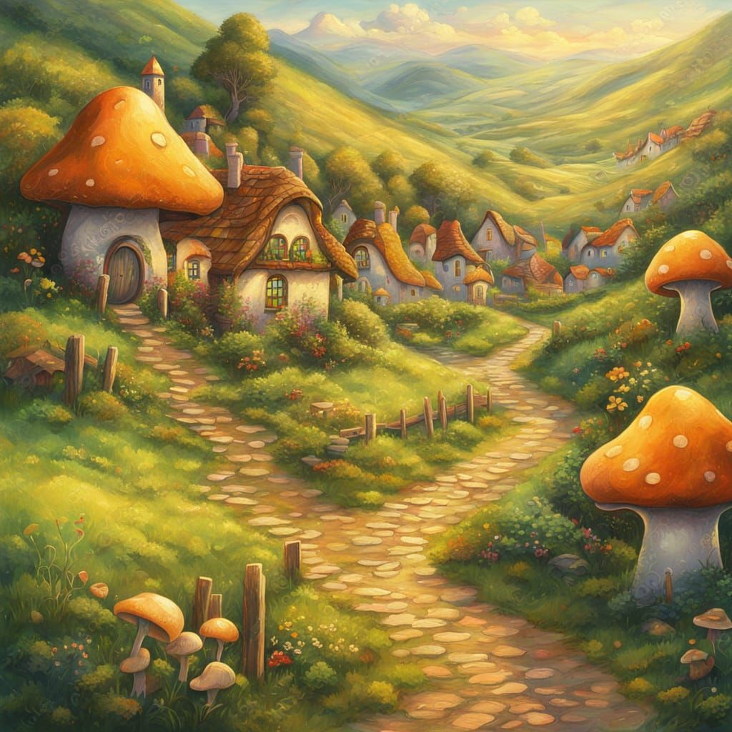 Whimsical Hobbit Village in Golden Light, Oil Painting Style