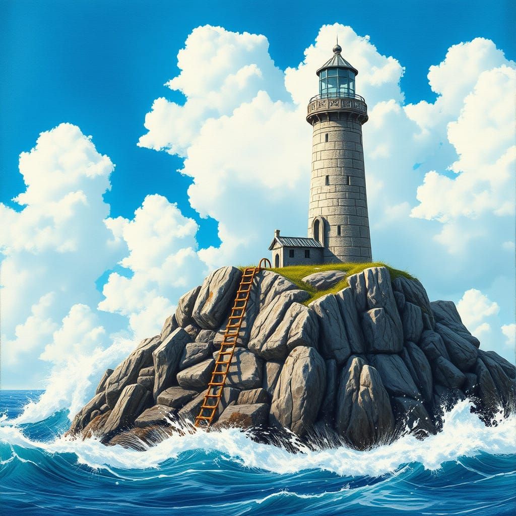 Surreal Lighthouse on Rocky Island in Cyberpunk Art Style