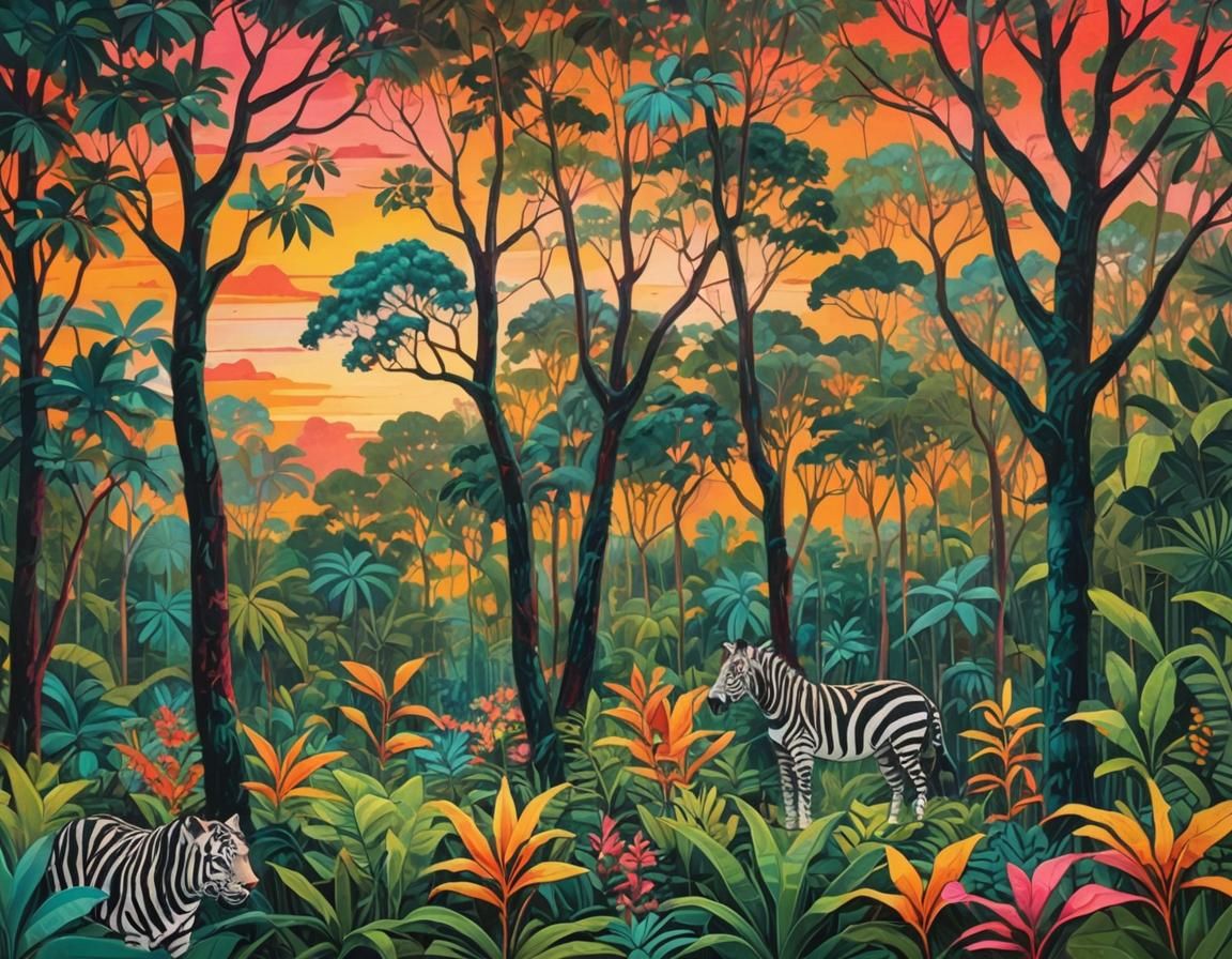 Lush Equatorial Forest at Sunset in Naive Pop Art
