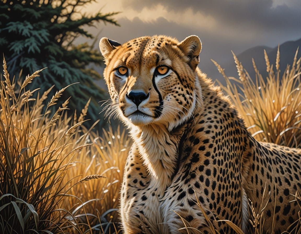 Cheetah Stalking Prey in Tall Golden Grasses