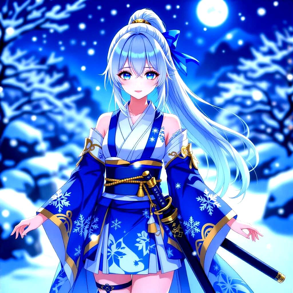 Elegant Anime Cryo Swordswoman in Winter Garden