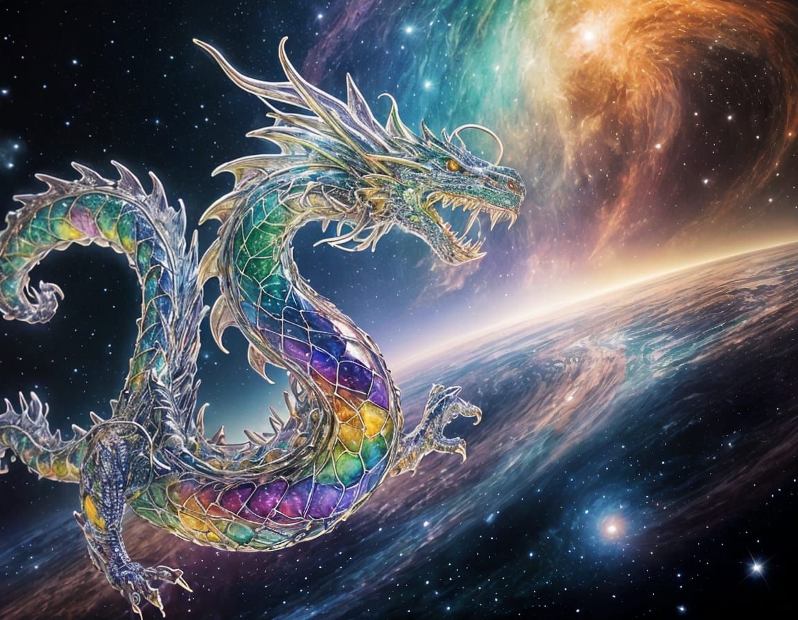 Prismatic Glass Cosmic Dragon in Radiant Colors