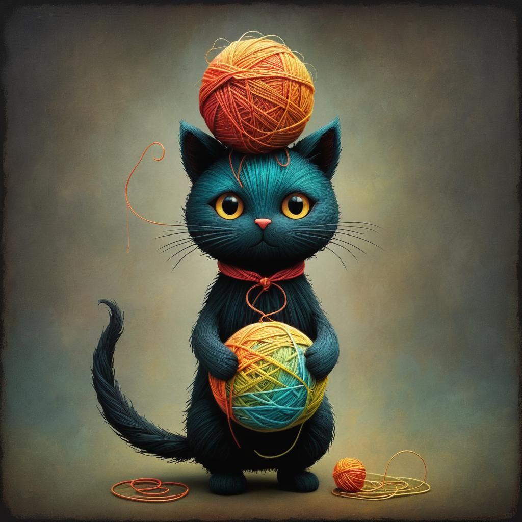 Whimsical Cat with Yarn in Colorful Style