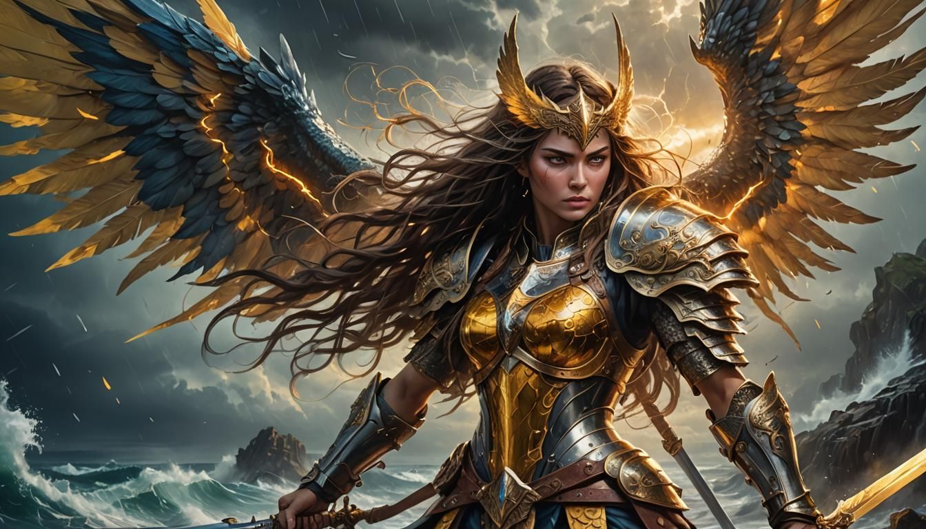 Woman with Wings in Warrior Armor, Acrylic Illustration