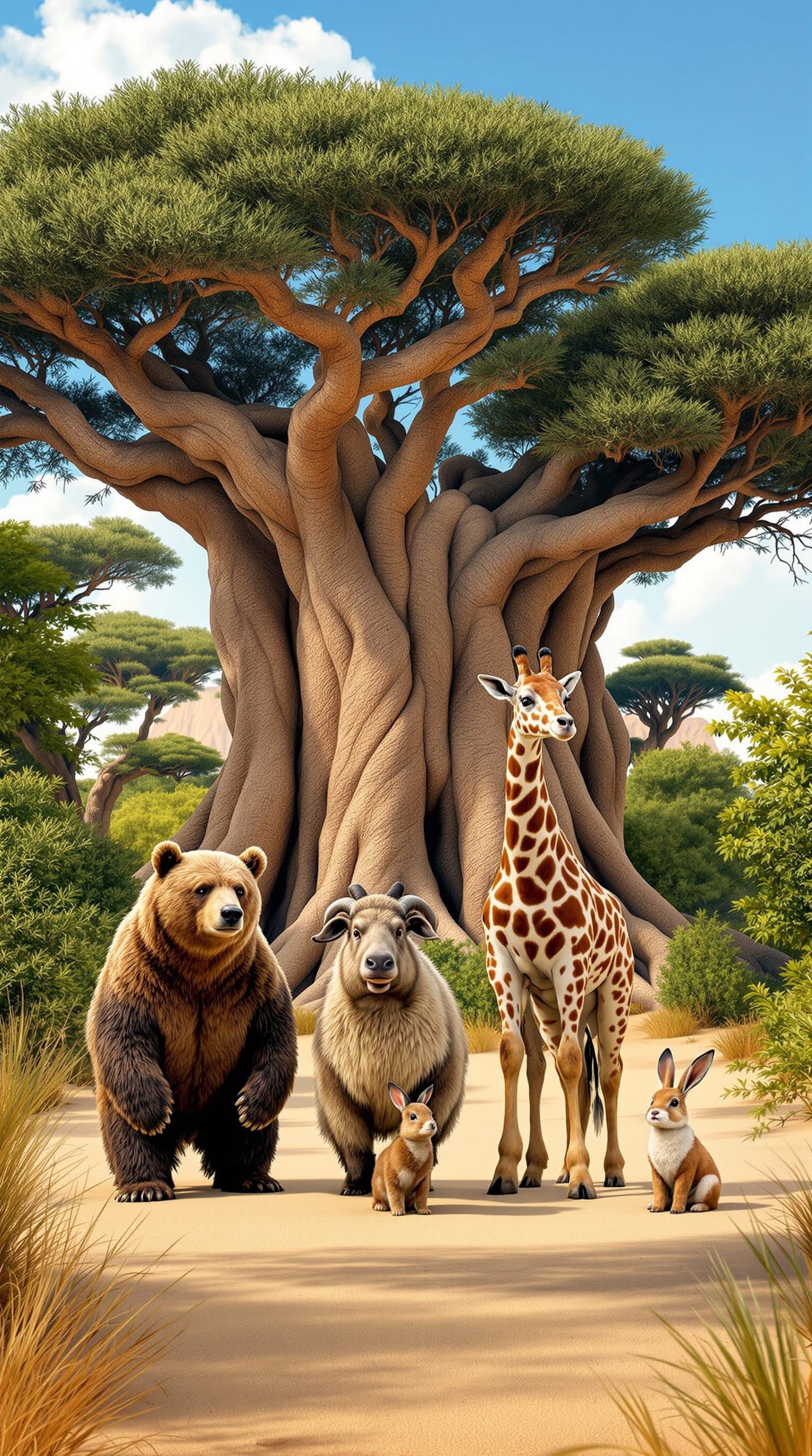 Diverse Animals in Serene Desert-Forest Blend