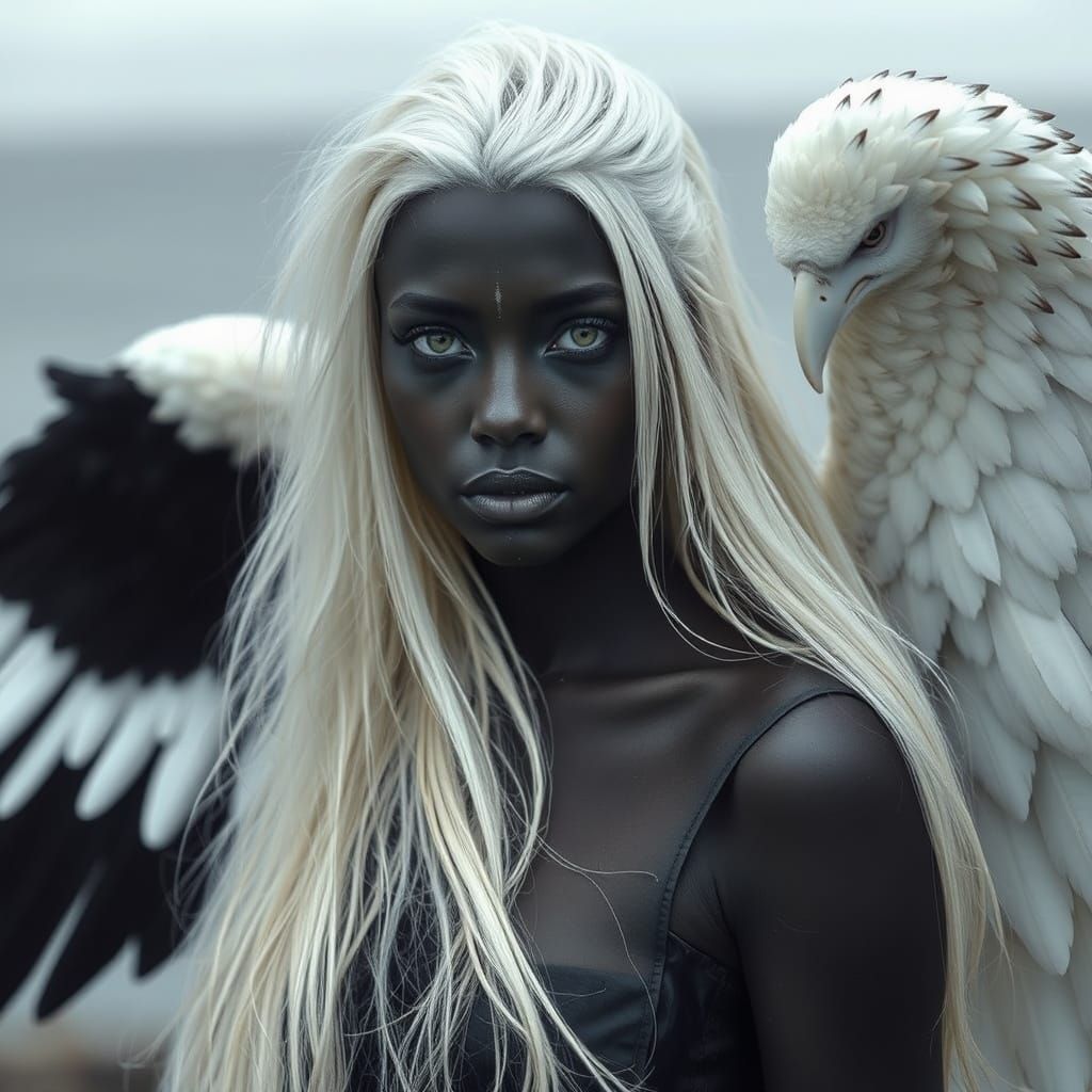 Hyperrealistic Portrait of a Dark-Skinned Mermaid with White...