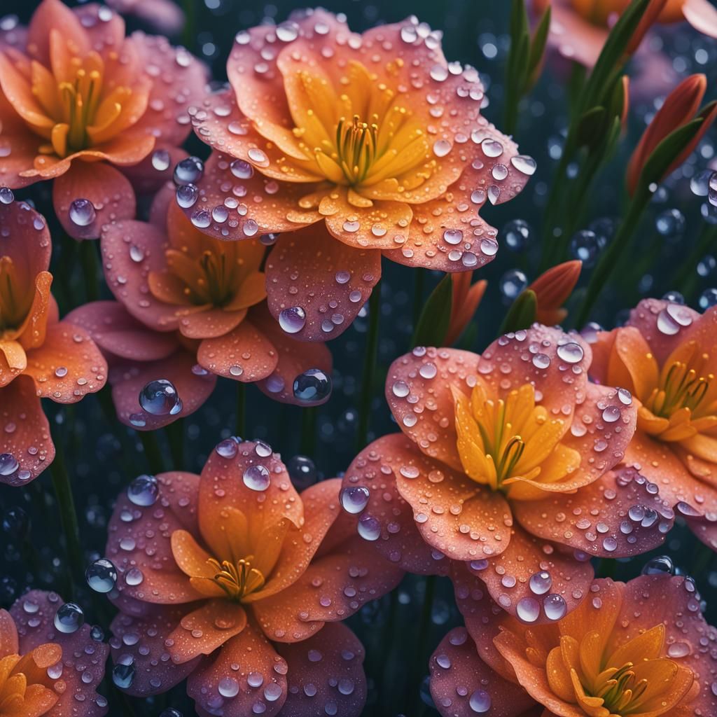 Dew Drops on Spring Flowers: Hyperrealistic Maximalism