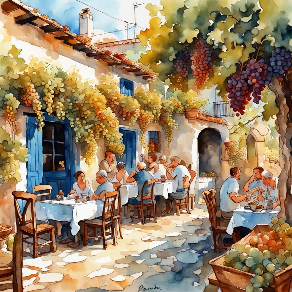 Greek Taverna Family Dinner in Watercolor Style