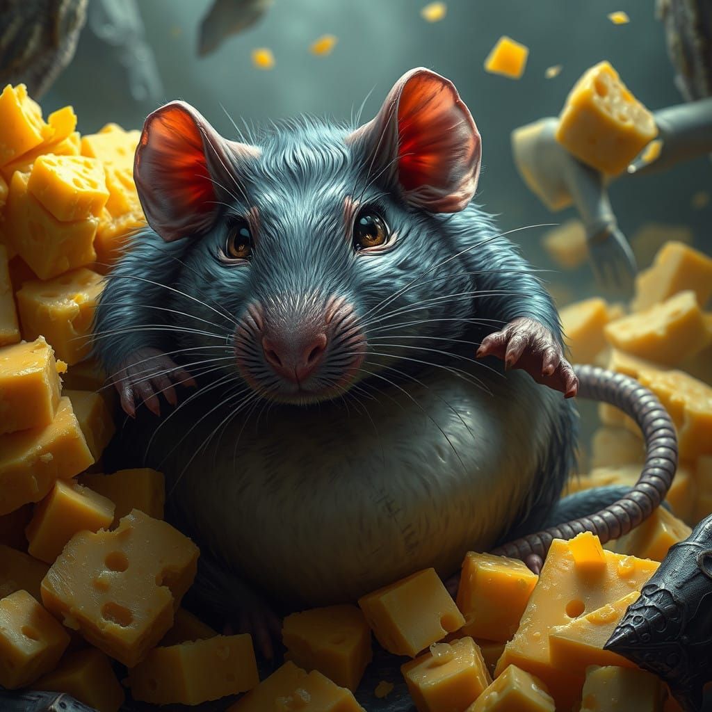 Fantastical Rat Surrounded by Cheese in Vibrant Colors