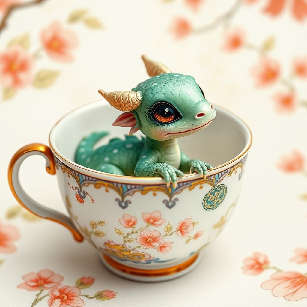 Iridescent Baby Dragon in Antique Teacup