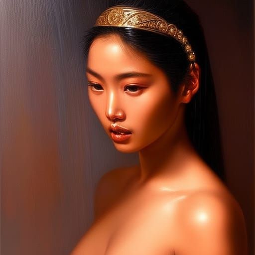 Asian Woman Showering in Oil Painting Style