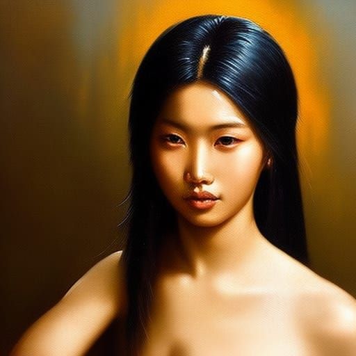 Asian Girl in Shower, Oil Painting