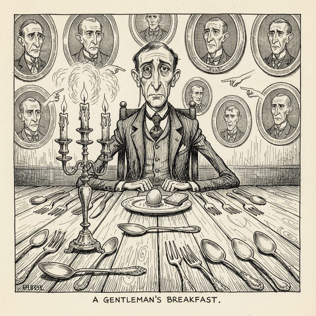 Aristocratic Man's Humorous Breakfast Line Art