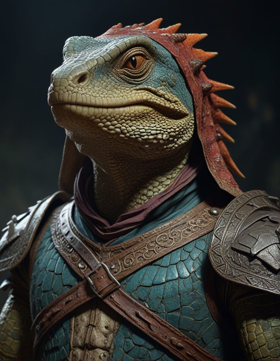 Ancient Reptilian Warrior in Intricate Armor, Triadic Colors...