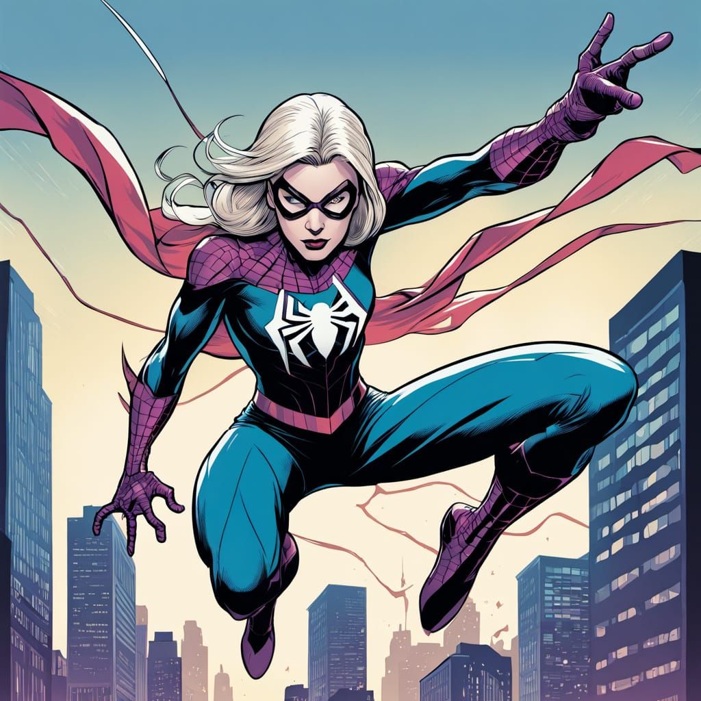 Ghost-Spider Leaps Between Buildings in Ditko Style