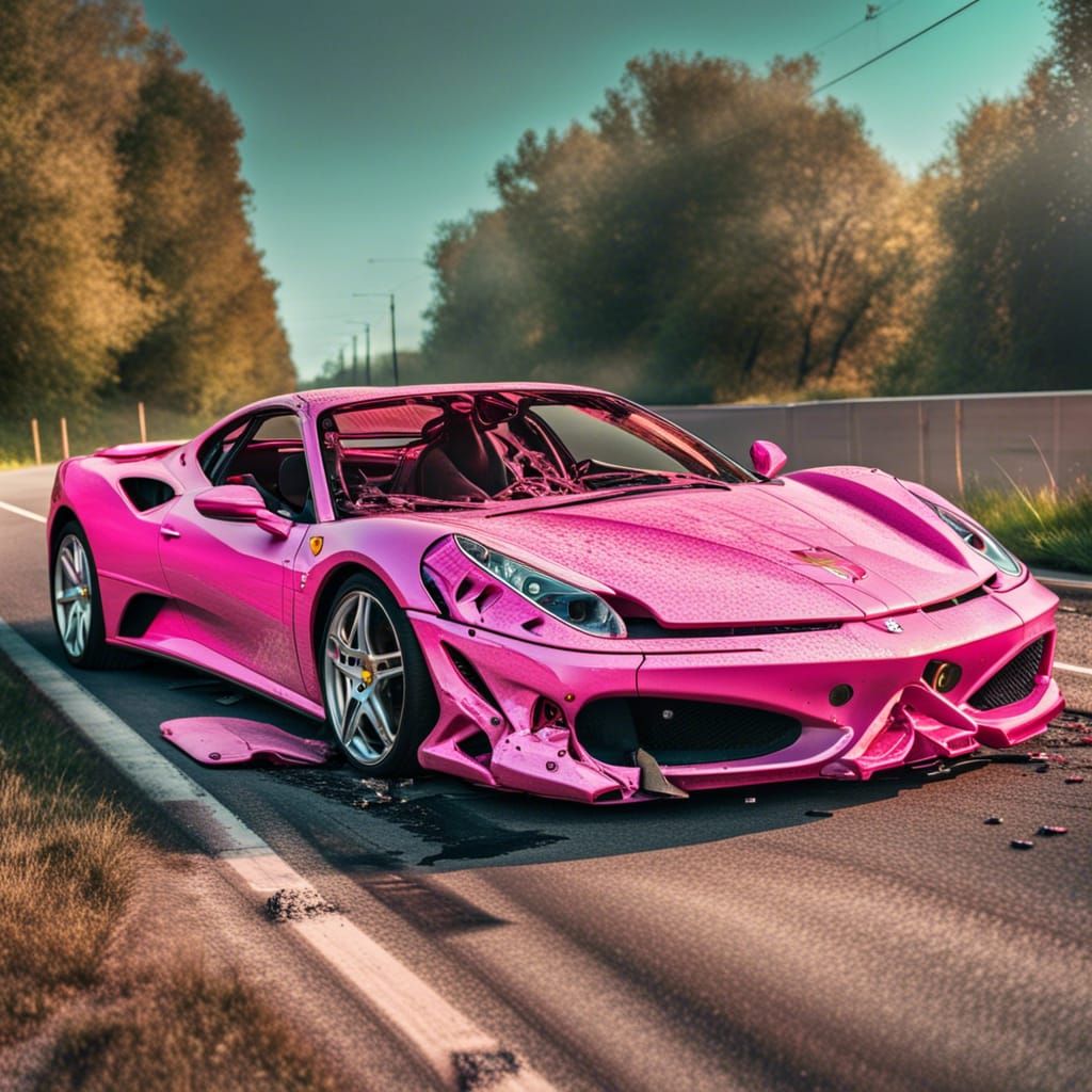 Pink ferrari destroyed on accident on fire in a highway intricately detailed hyperdetailed 8K resolution 64 megapixels H...