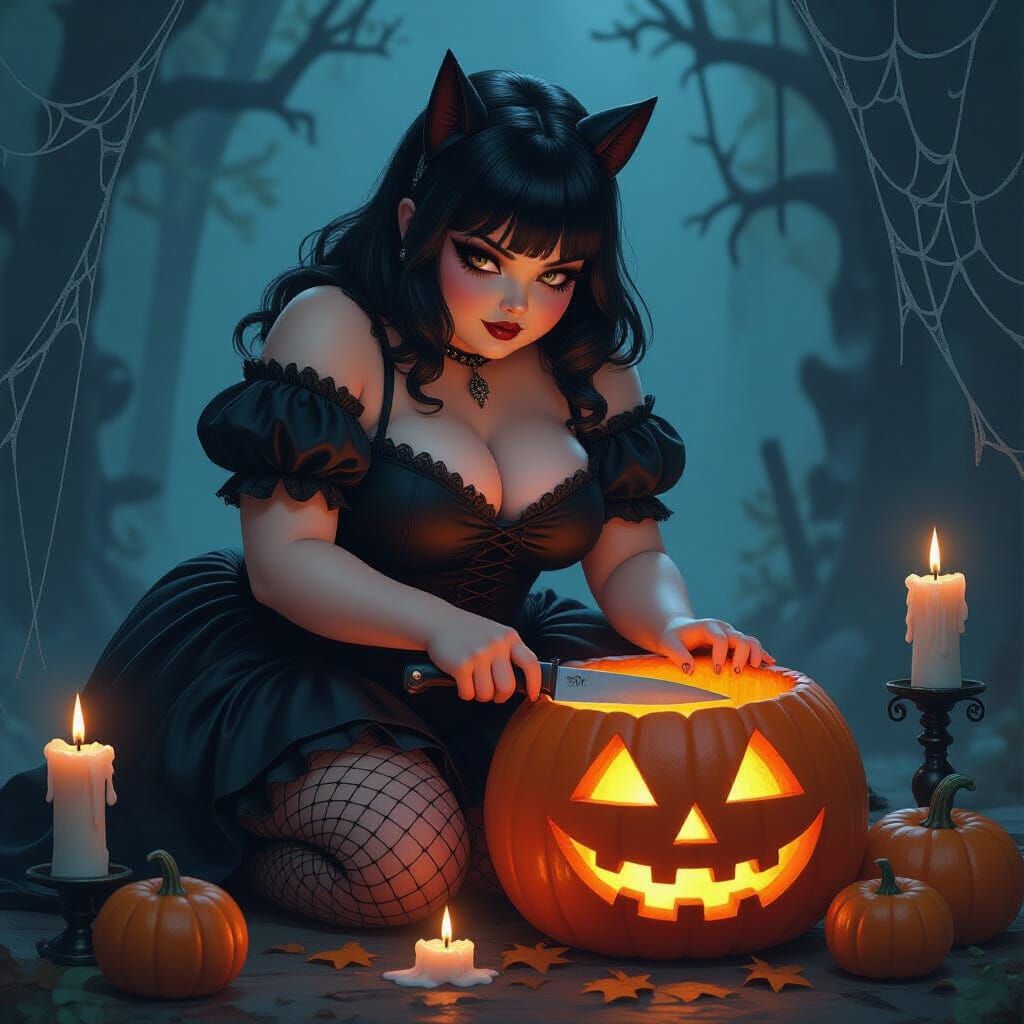 Goth Girl Carving Pumpkin in Mystical Style