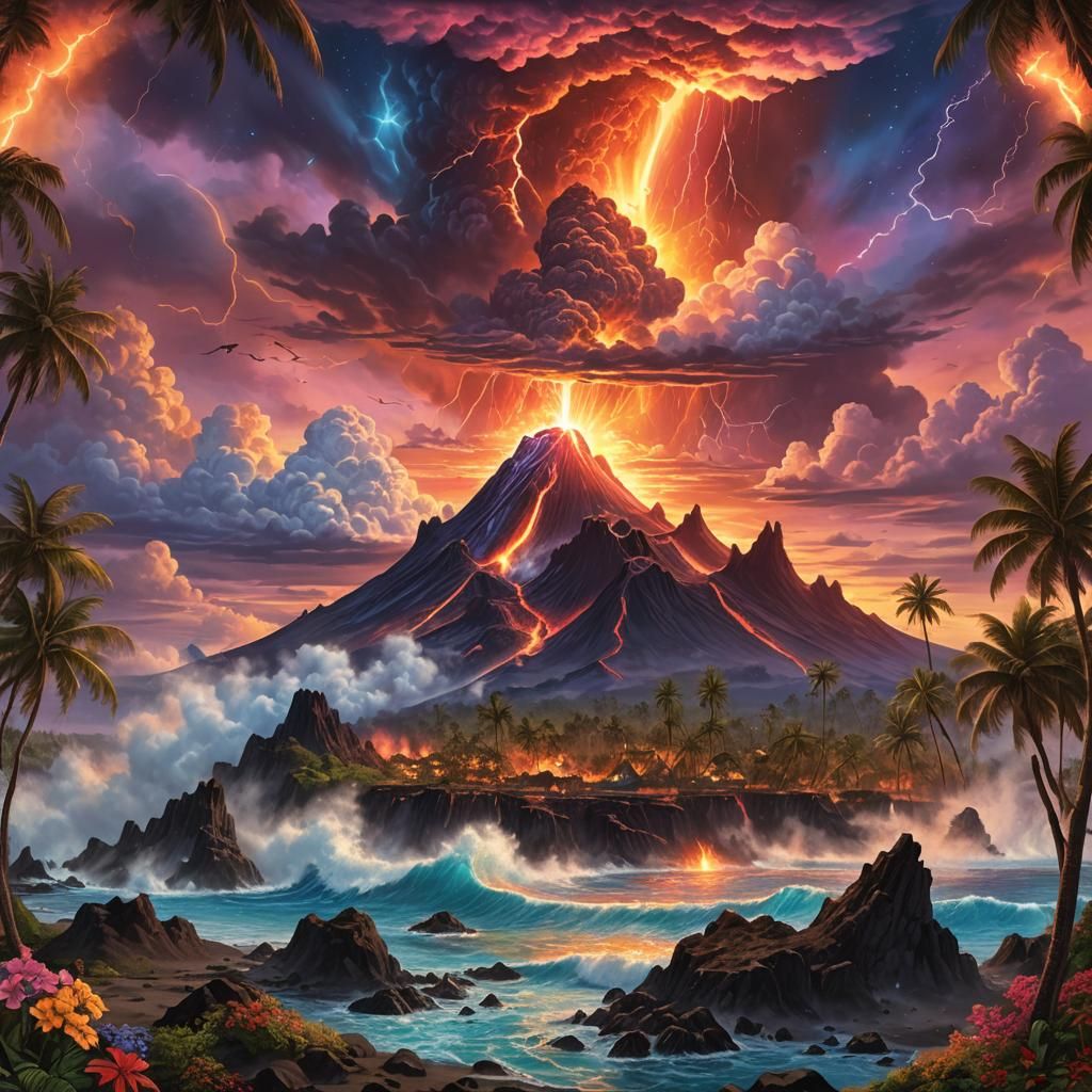 Volcanic Island Eruption with Pirate Ship, Digital Painting