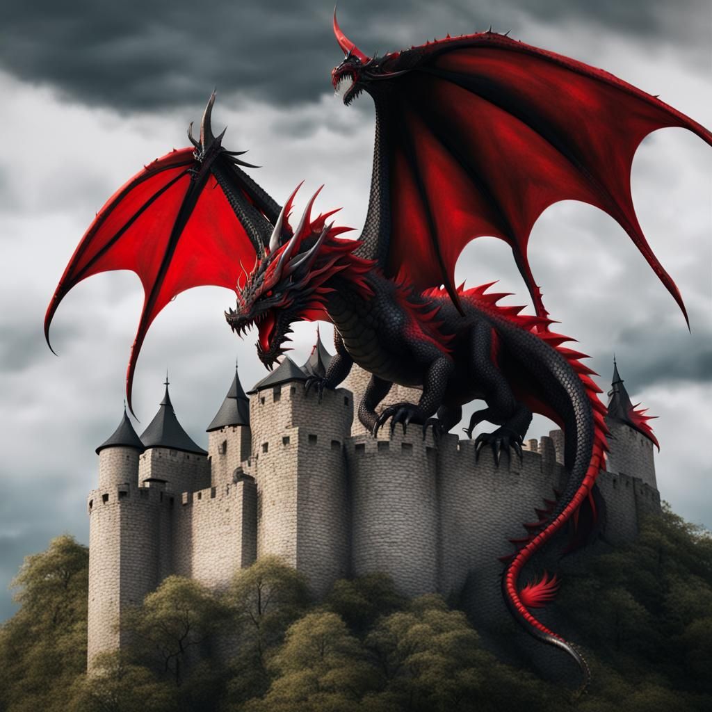 Red and Black Dragon Flying Over Castle