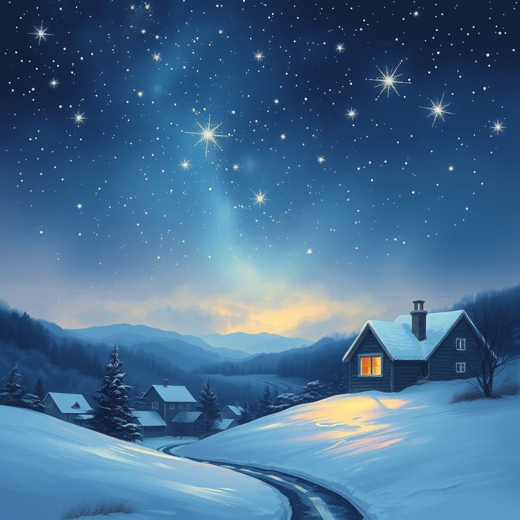 Ethereal Night Sky Over Snowy Village