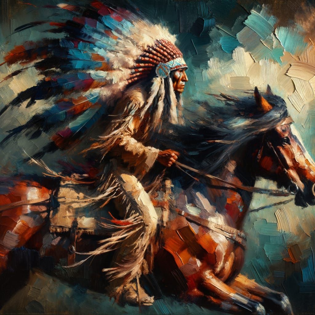 Native American Warrior on Horseback in Oil Painting Style