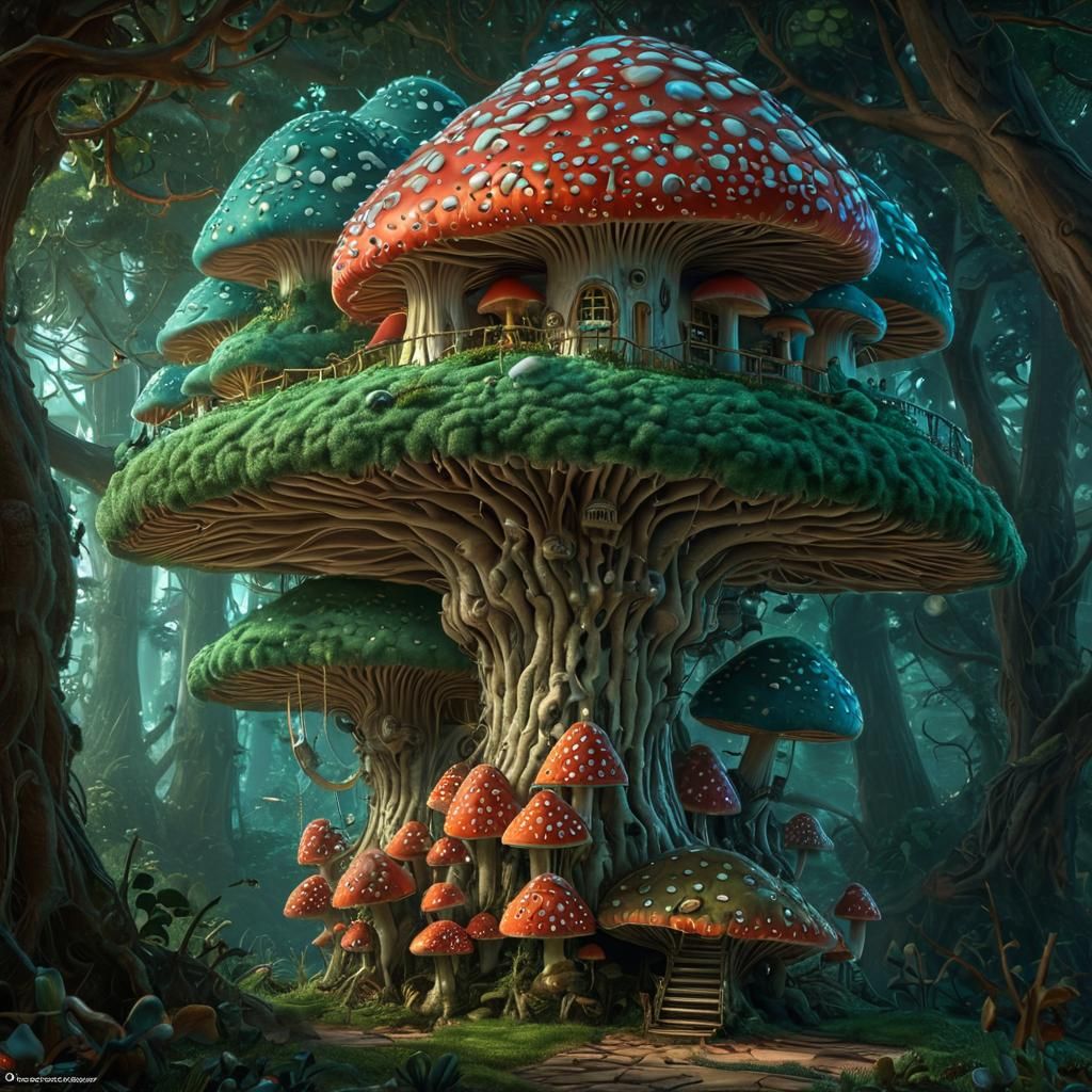 Fantastical Mushroom Treehouse in Maximalist Photoillustrati...