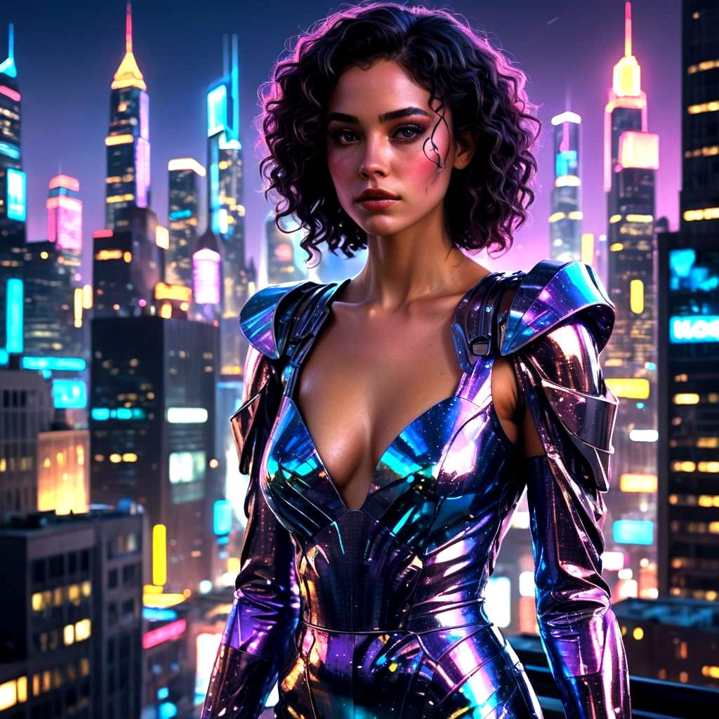 Urban Glamour: Woman in Metallic Gown, City Lights