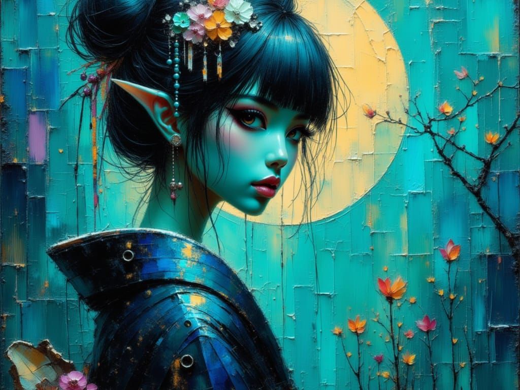 Enchanting Elf Geisha Portrait in Bioluminescent Moonlight