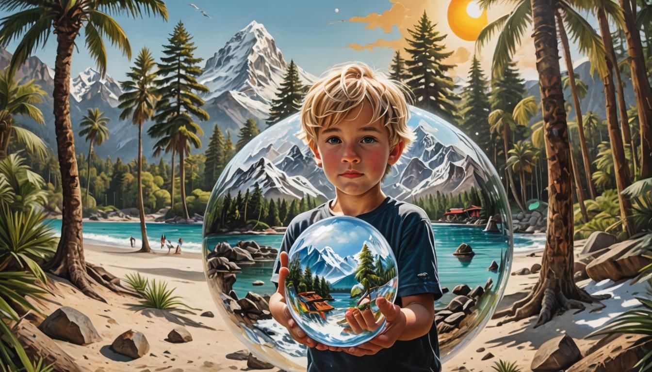 Glass Ball: Hyperrealistic Snow Mountains and Beach