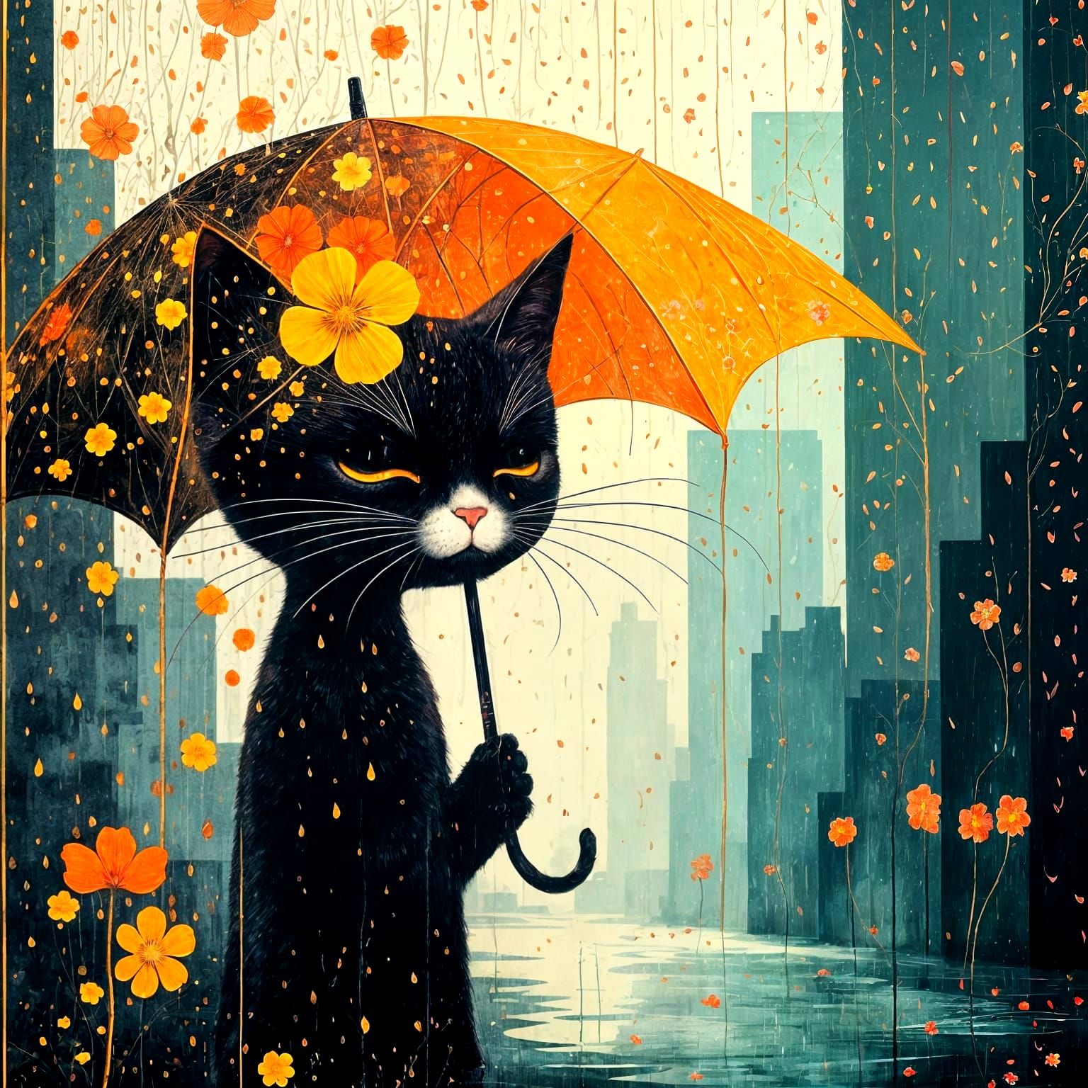 Cat Strolls Through Rainy City with Colorful Umbrella