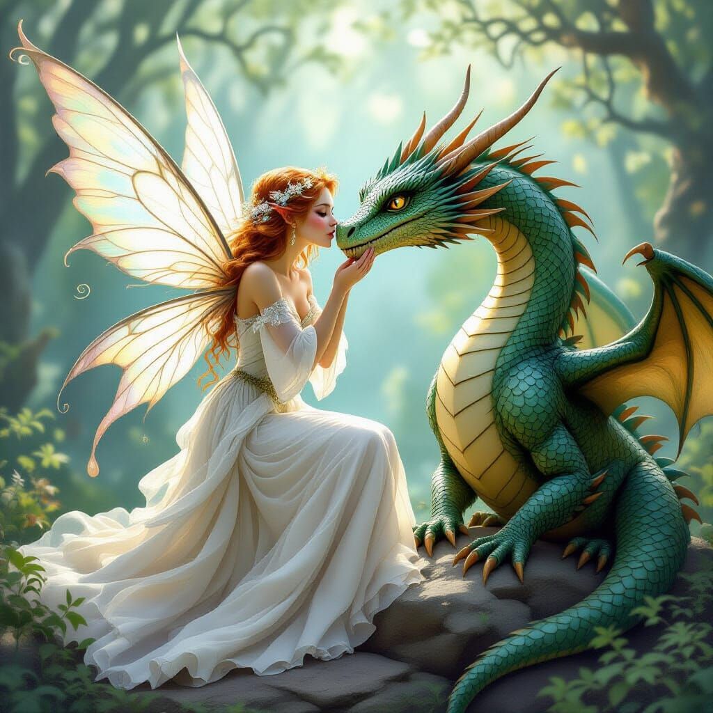 Whimsical Fairy Kisses Dragon in Dreamy Fantasy Style
