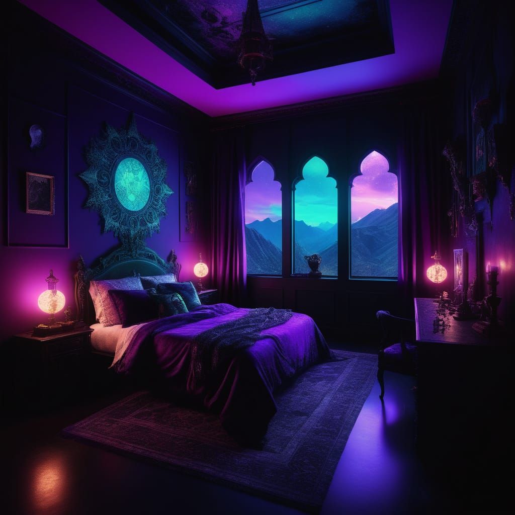 Stunning Gothic bedroom with purple walls& Black Gothic wind...