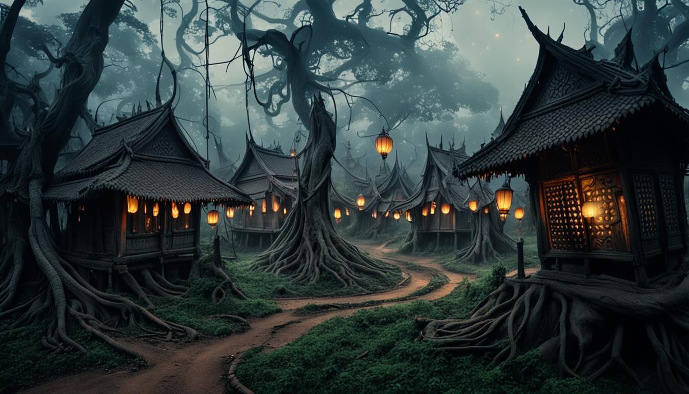 Mystical Dark Fantasy Village in Dense Forest