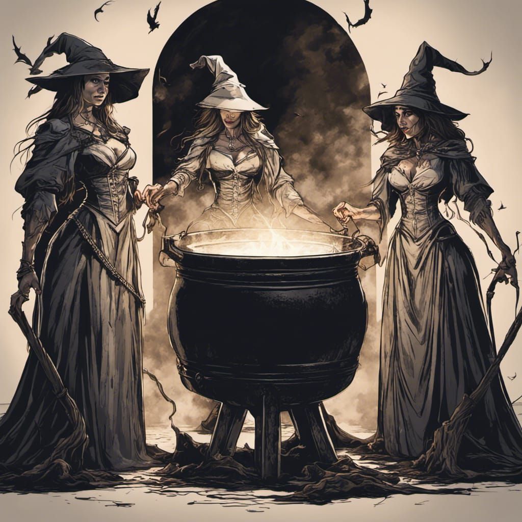 Medieval Witches Around Cauldron in Dramatic Lighting