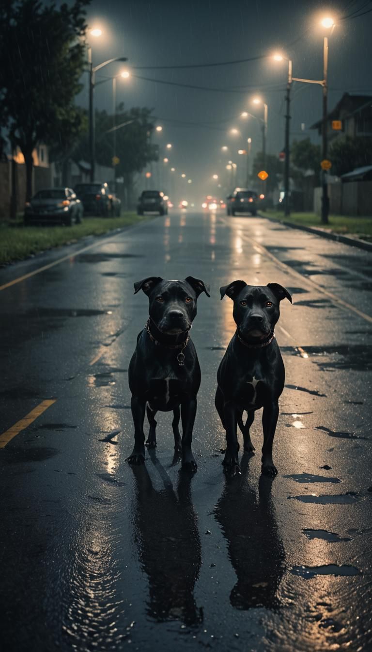 Black Pitbulls in Moody, Cinematic Urban Nightscape