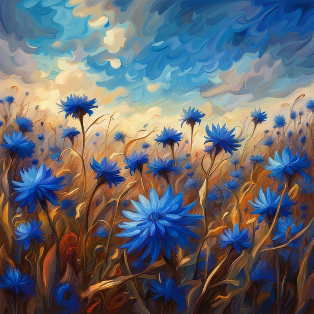 Sunlit Blue Cornflower Field as Impasto Oil Painting