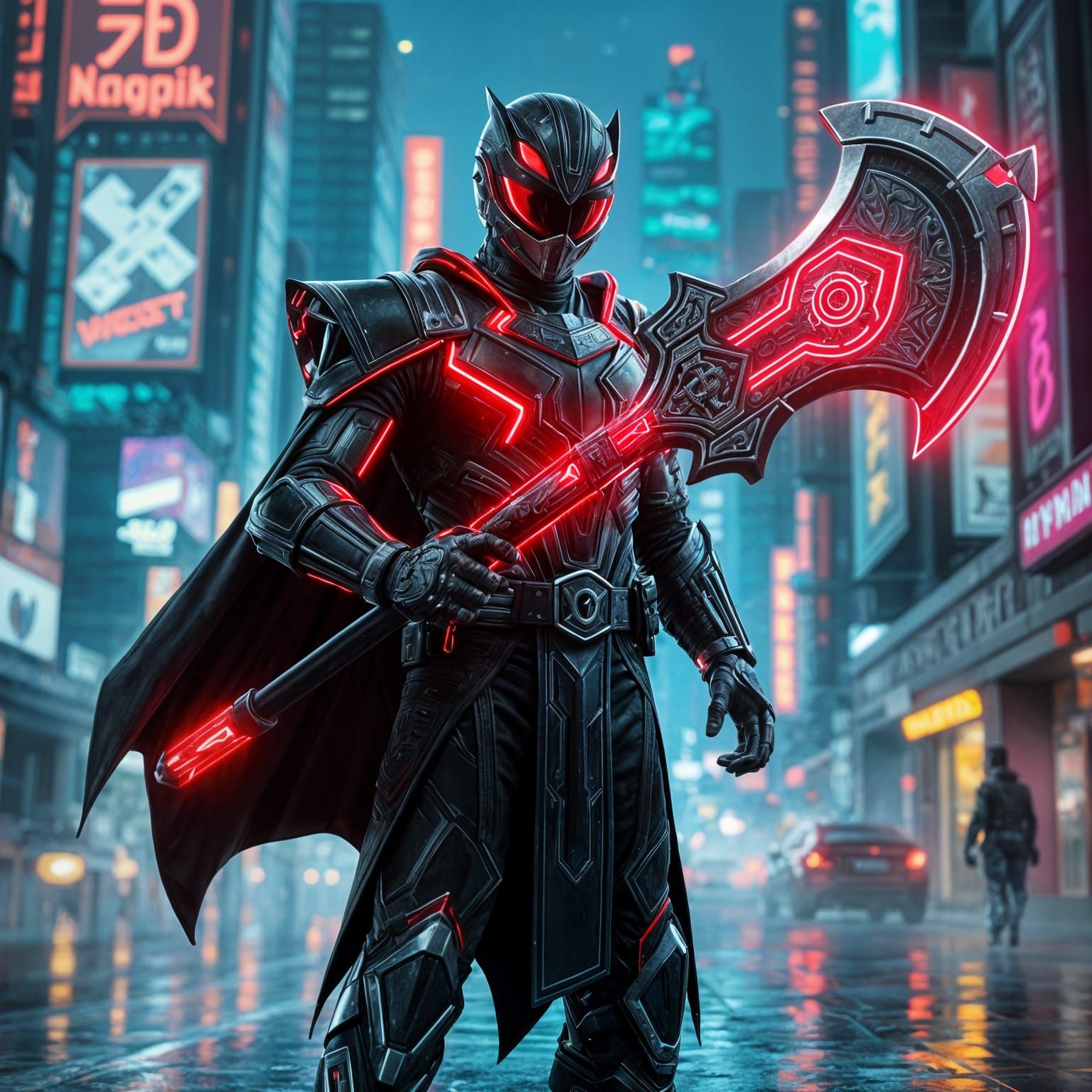 Cyberpunk Hero Wields Neon-Lit Axe Amidst Futuristic Citysca...