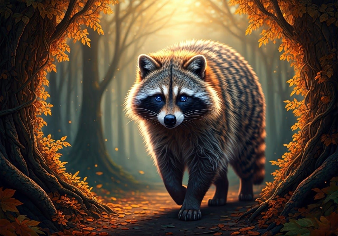 Majestic Raccoon-Wolf-Jaguar in Enchanted Forest