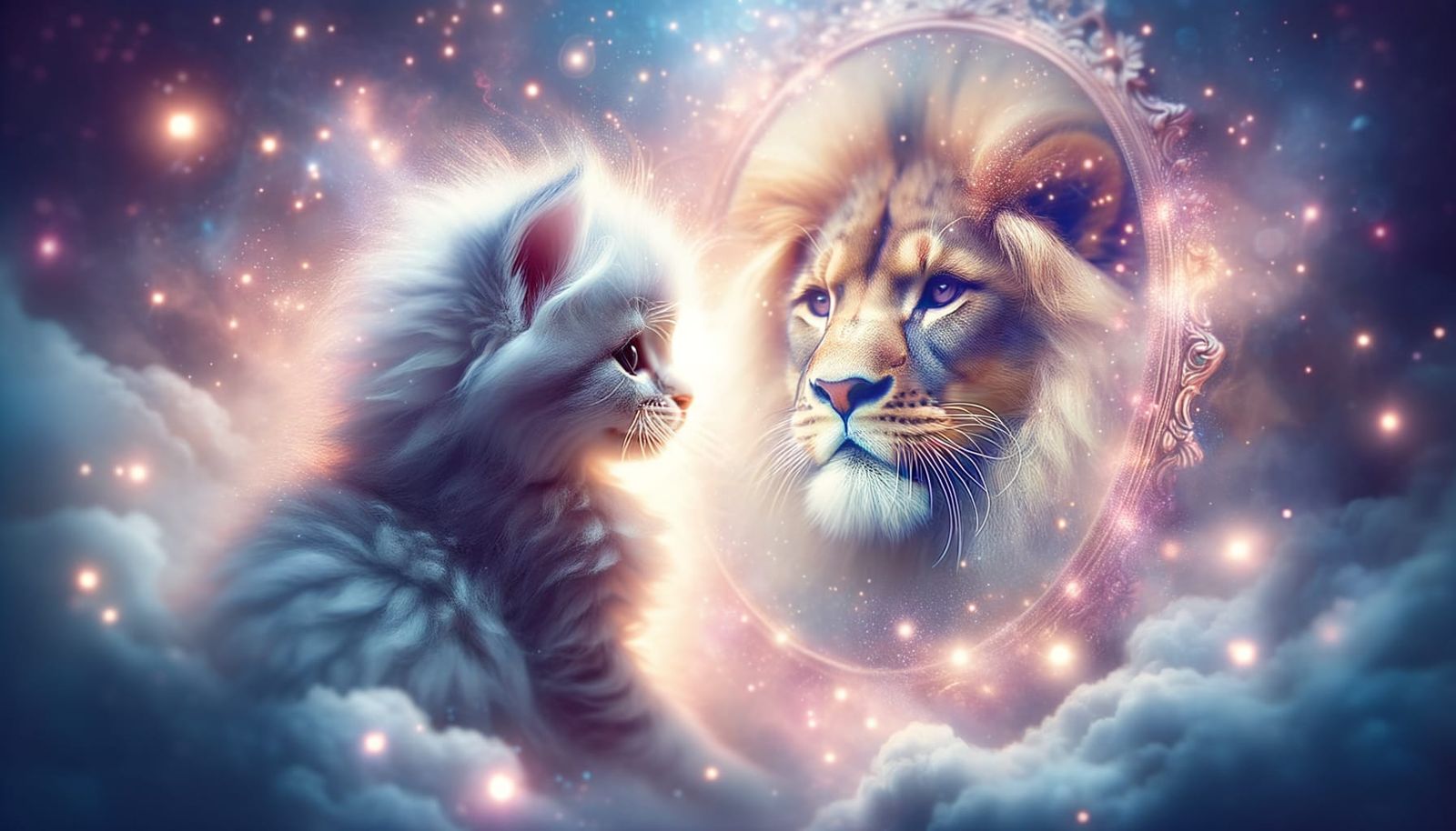 Kitten's Mirrored Lion: Dreamy Symbol of Strength