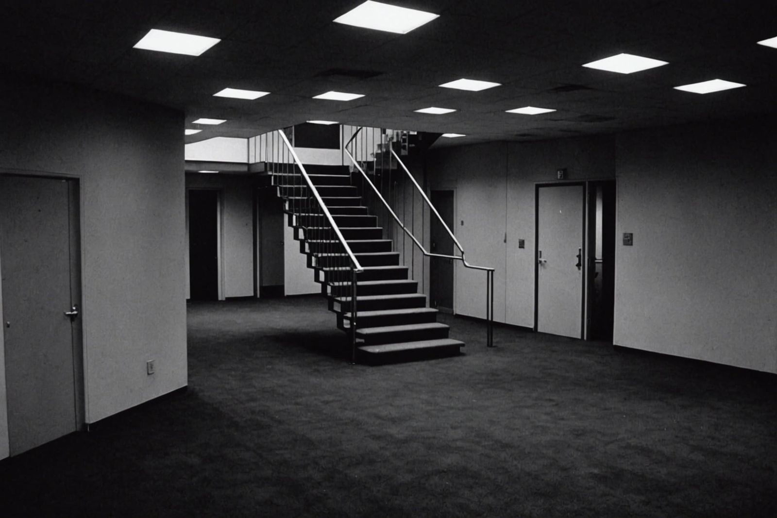 1960s Office with Strange Architecture in Dark Photo