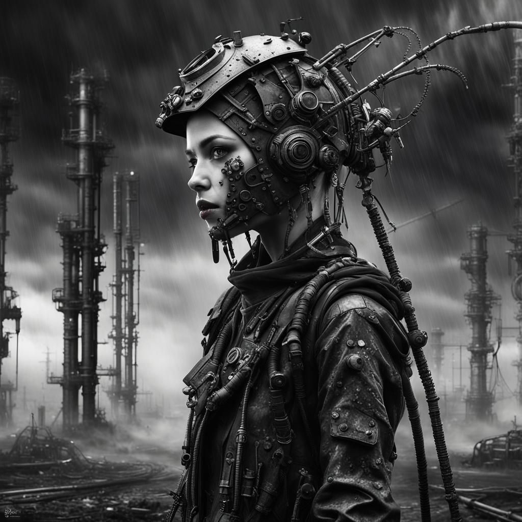 Cybergoth Model in Industrial Decay: Black and White Photogr...