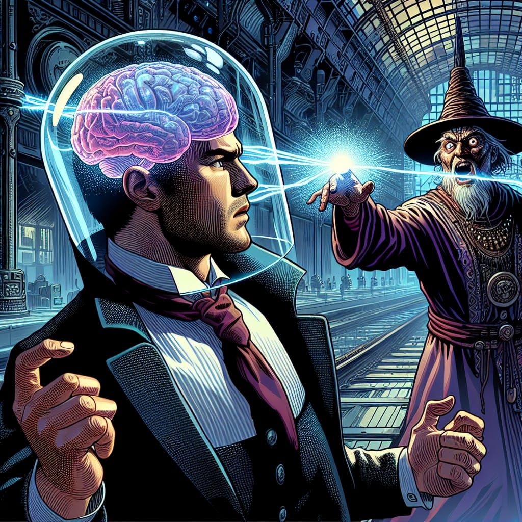 Cyberpunk Telekinetic Defends Against Wizard Attack