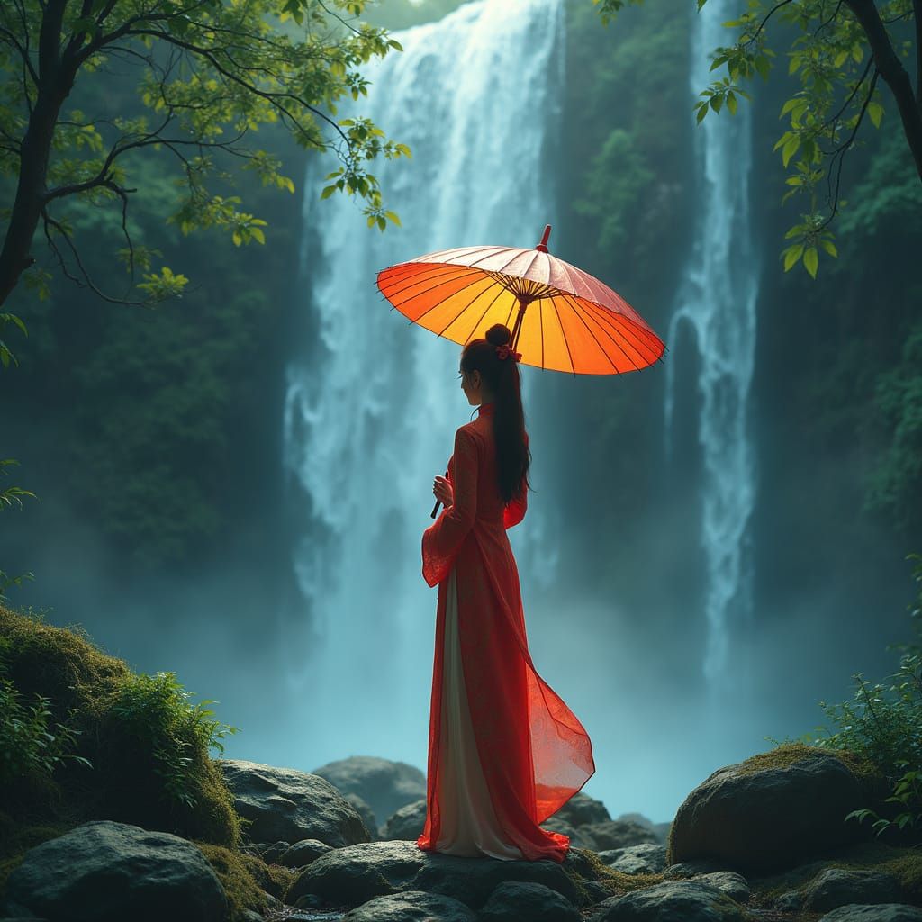 Chinese Woman Under Waterfall: Digital Art