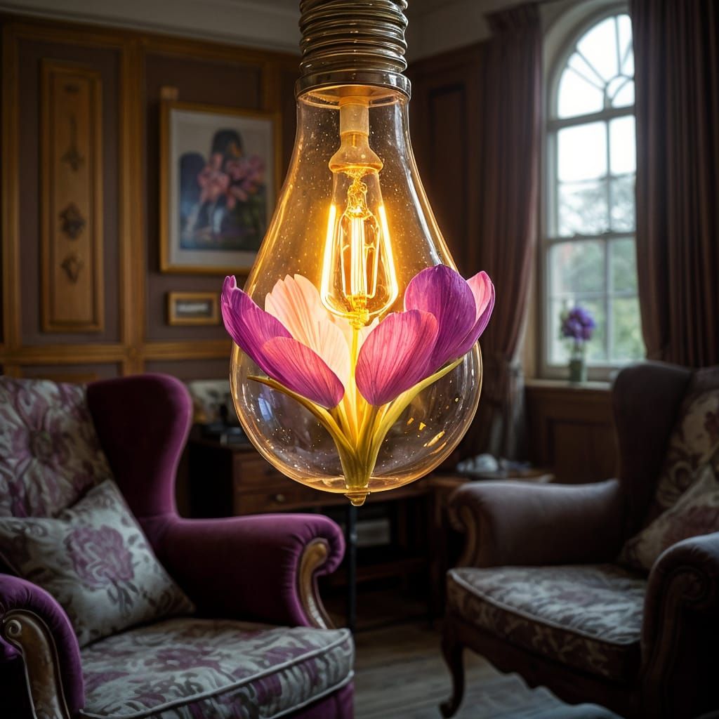 Purple Crocus Blooms Inside Vintage Lightbulb in English Liv...