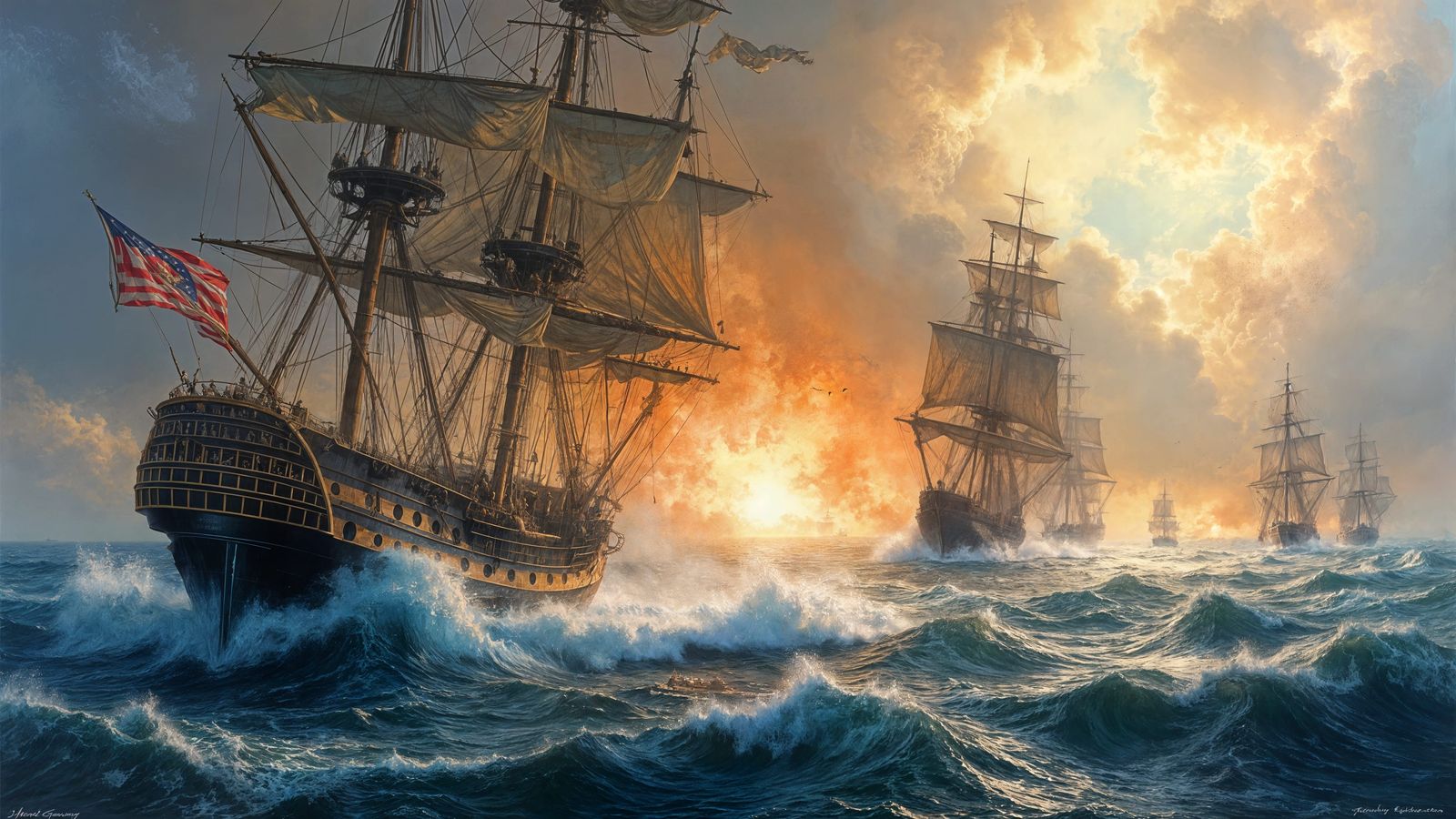 Epic Napoleonic Warship Battle at Sea in Oils