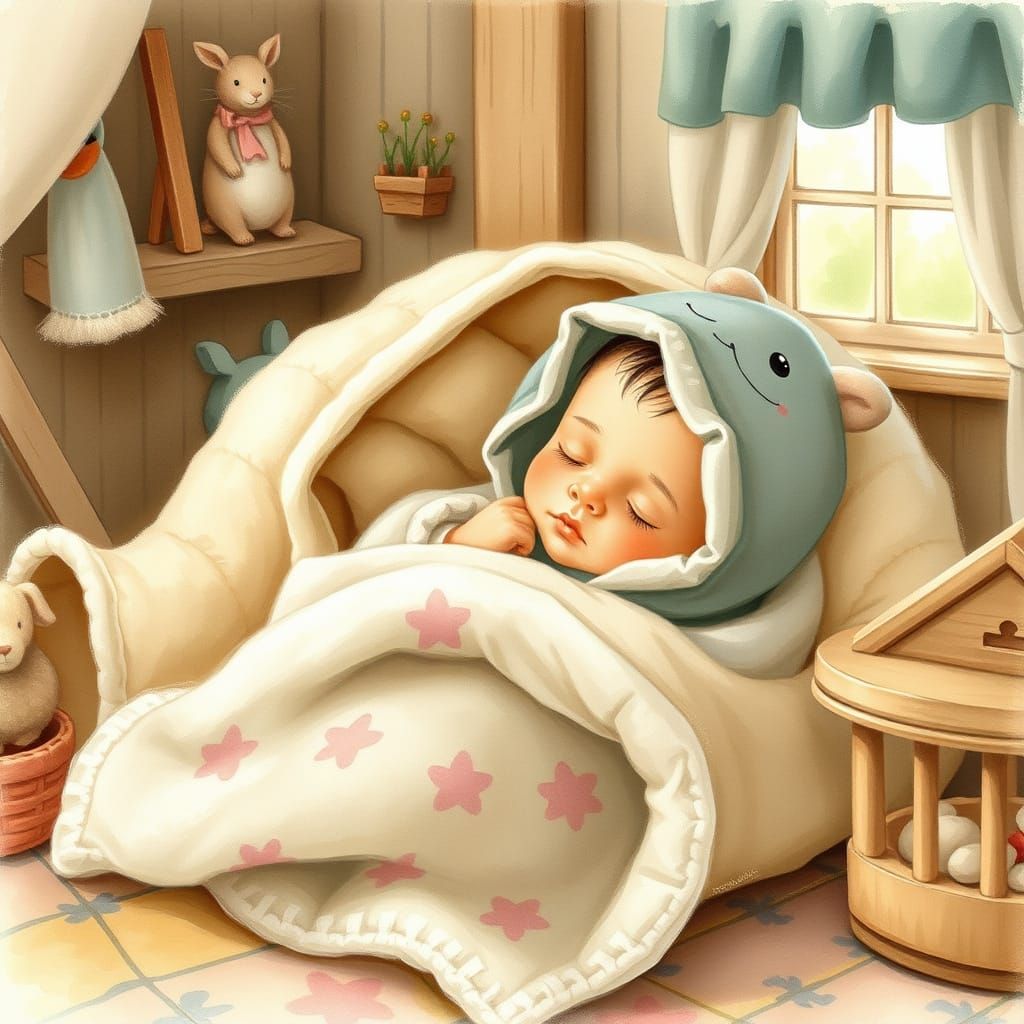 Peaceful Baby in Nursery, Watercolor Illustration